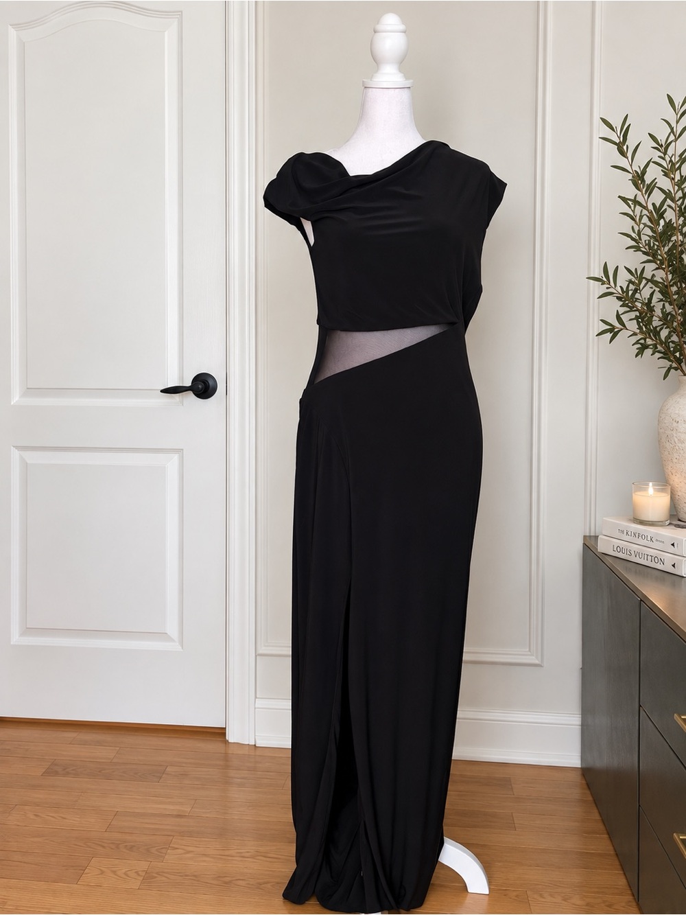 Club L London Emily Black Asymmetric Mesh Maxi Gown Dress Size 10 NWT - Picture 5 of 15